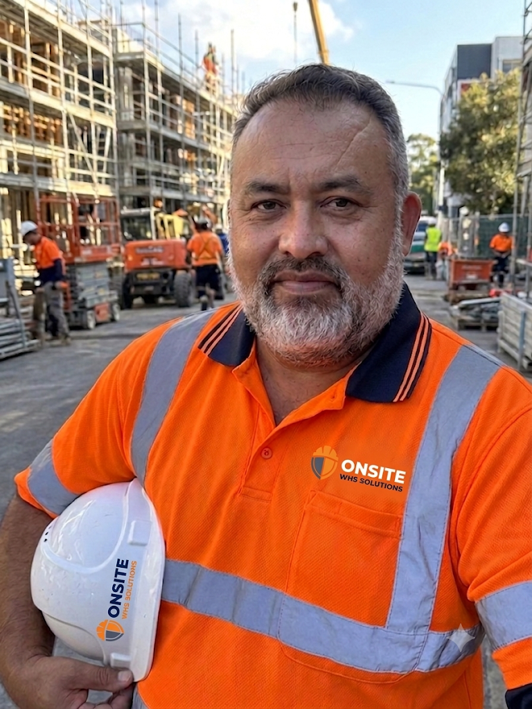 Jonathan Skudder in Onsite WHS Solutions high-vis holding a hard hat on a live North Brisbane construction site